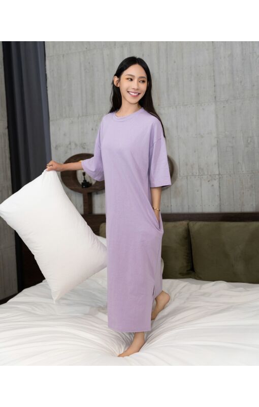 純色休閒寬鬆長洋裝（紫）