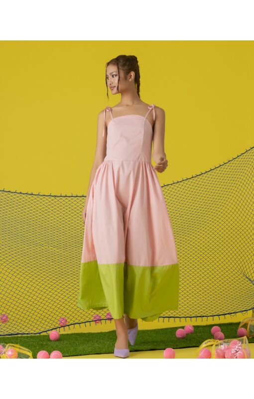 粉綠撞色度假長洋裝